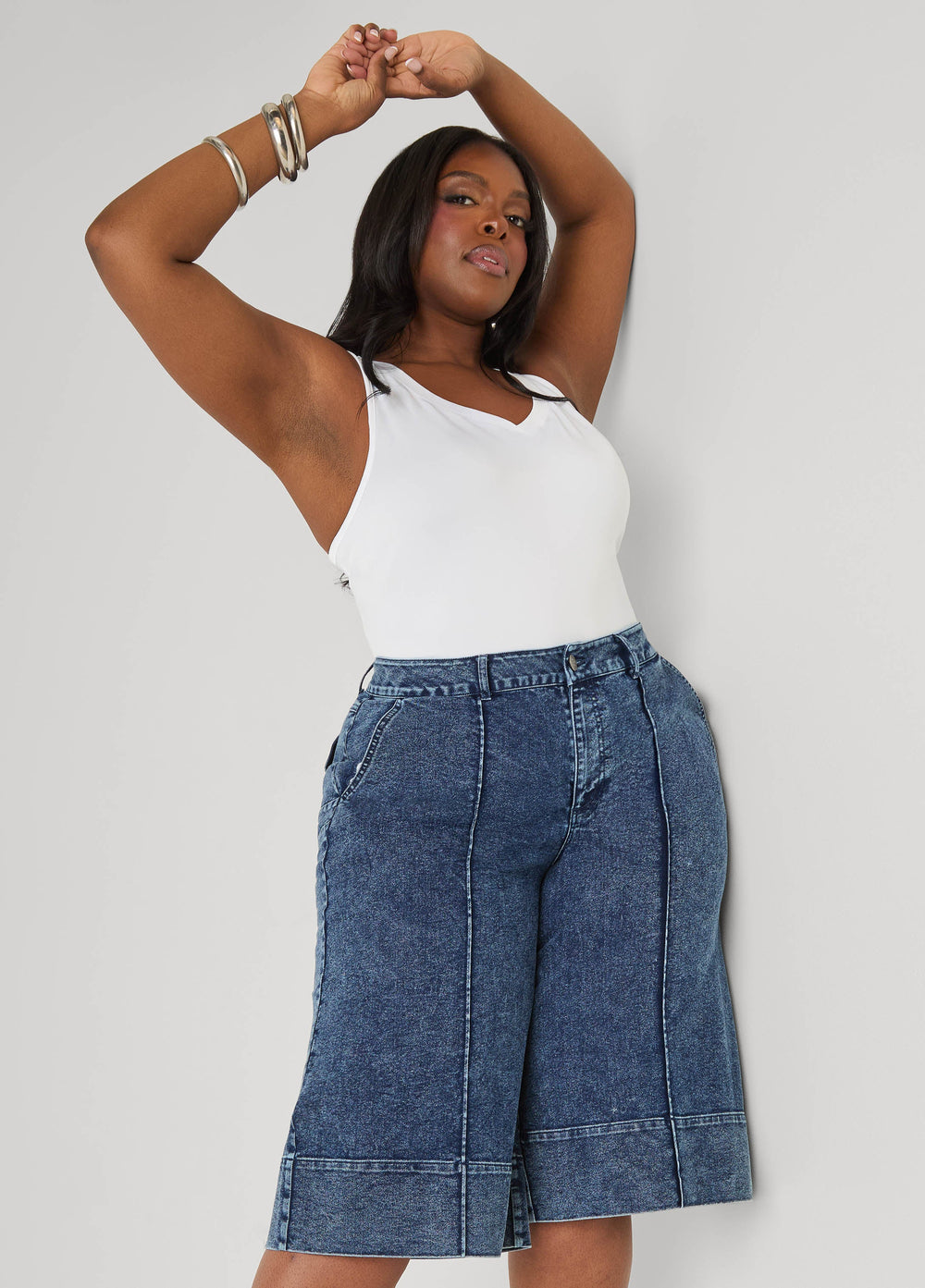 Pintucked Stonewash Denim Capris Dk Rinse | Ashley Stewart