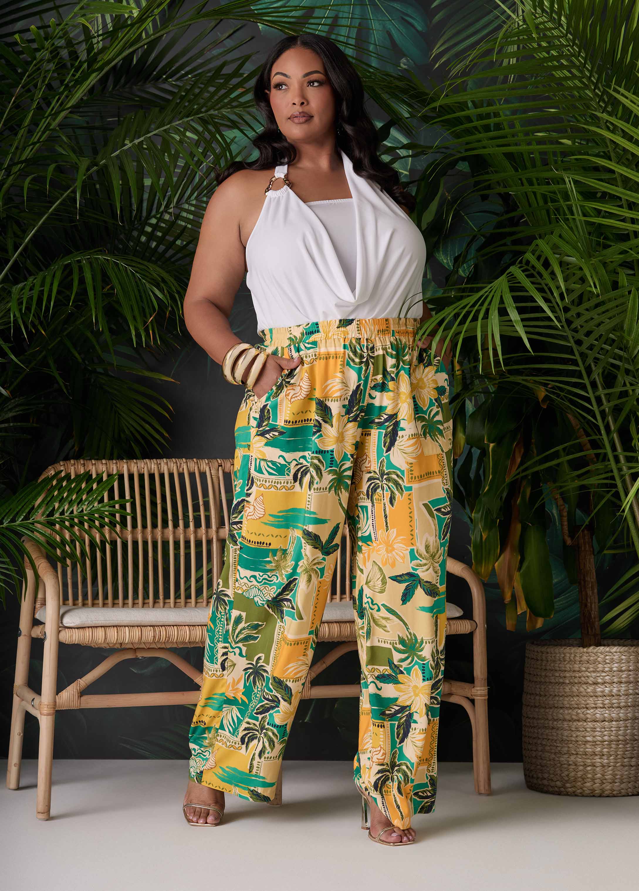 Tropical Print Wide Leg Pants Multi | Ashley Stewart