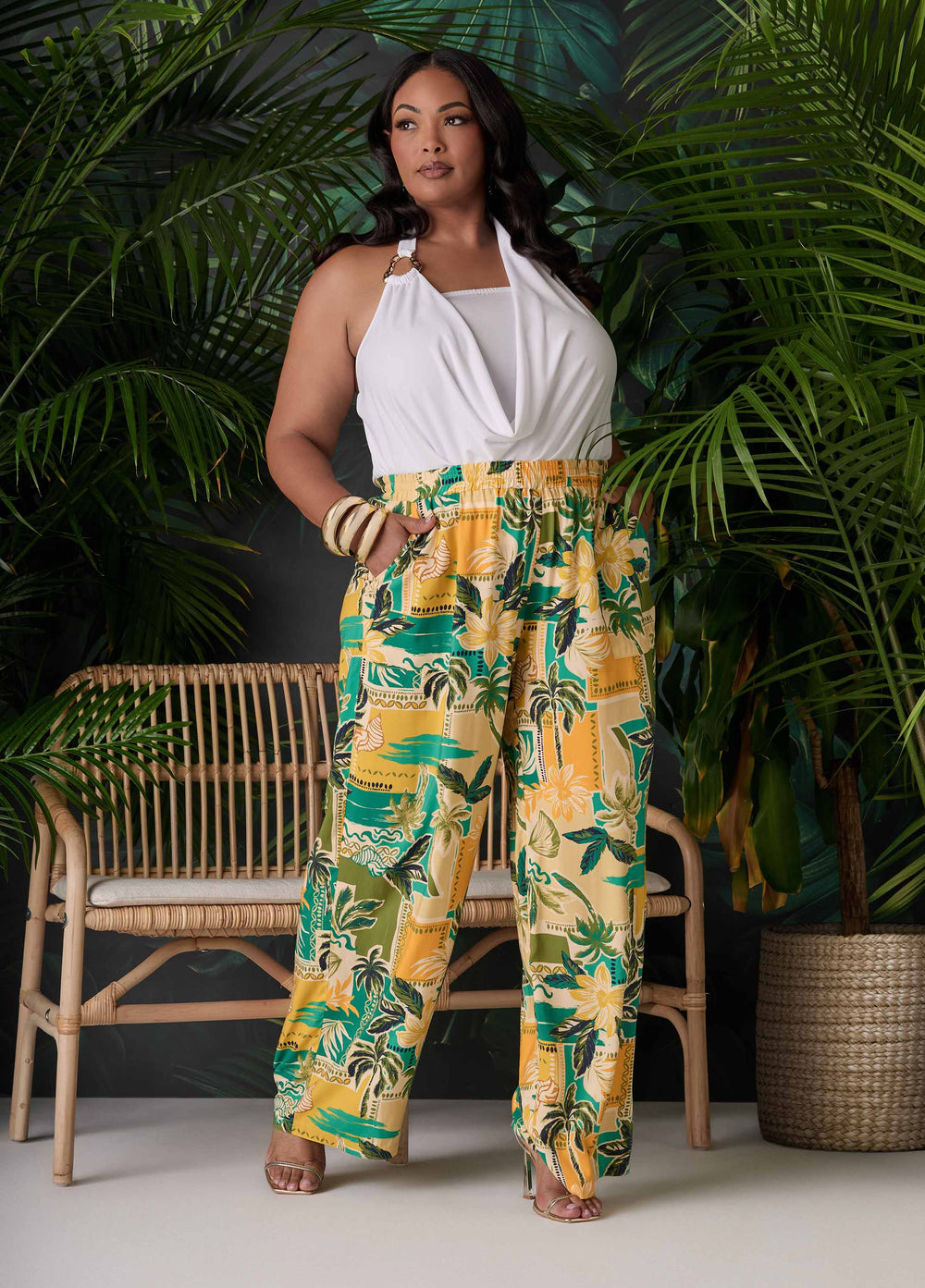 Tropical Print Wide Leg Pants Multi | Ashley Stewart
