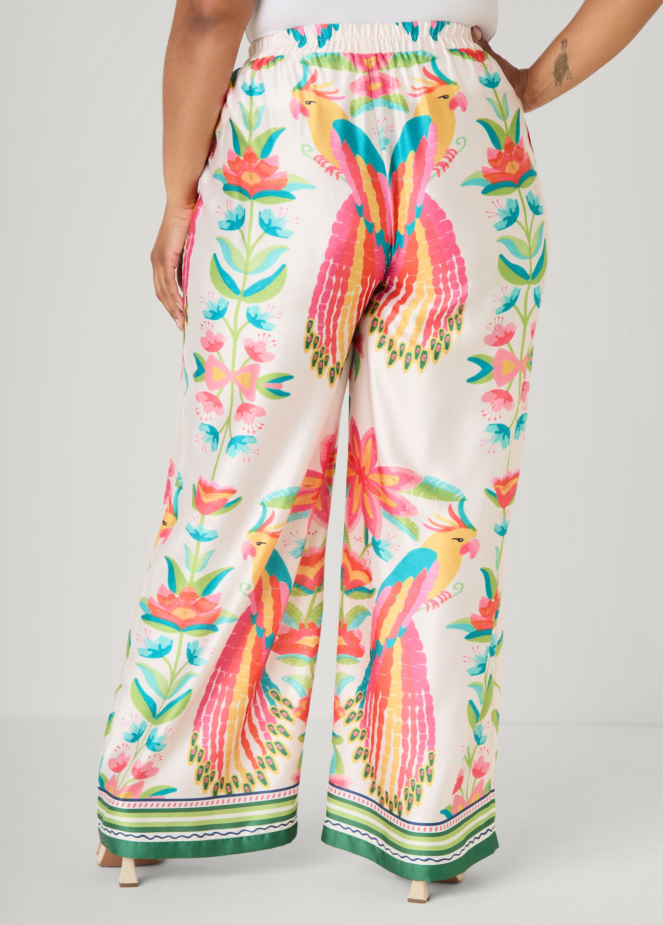 Parrot Print Satin Wide Leg Pants Multi | Ashley Stewart