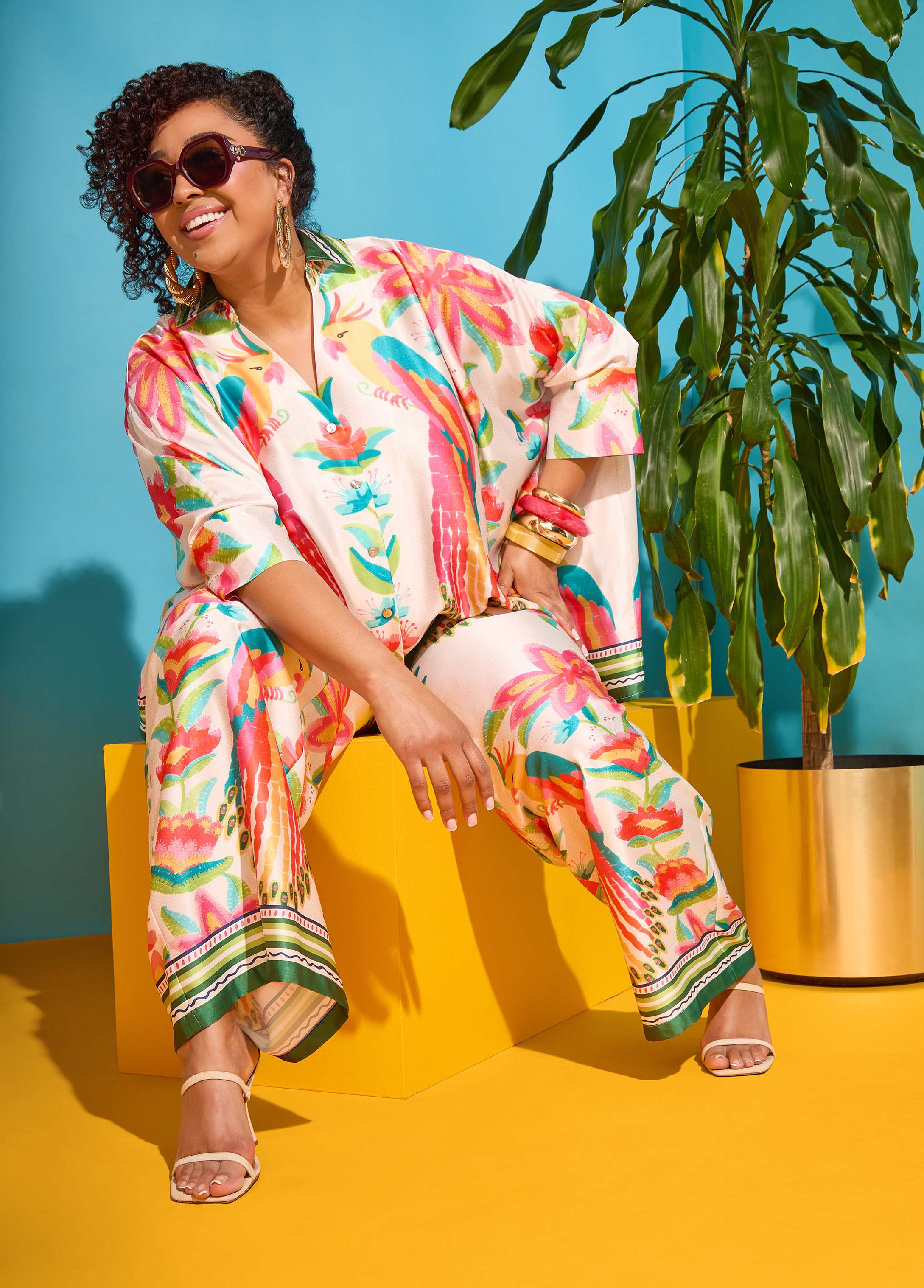 Parrot Print Satin Wide Leg Pants Multi | Ashley Stewart