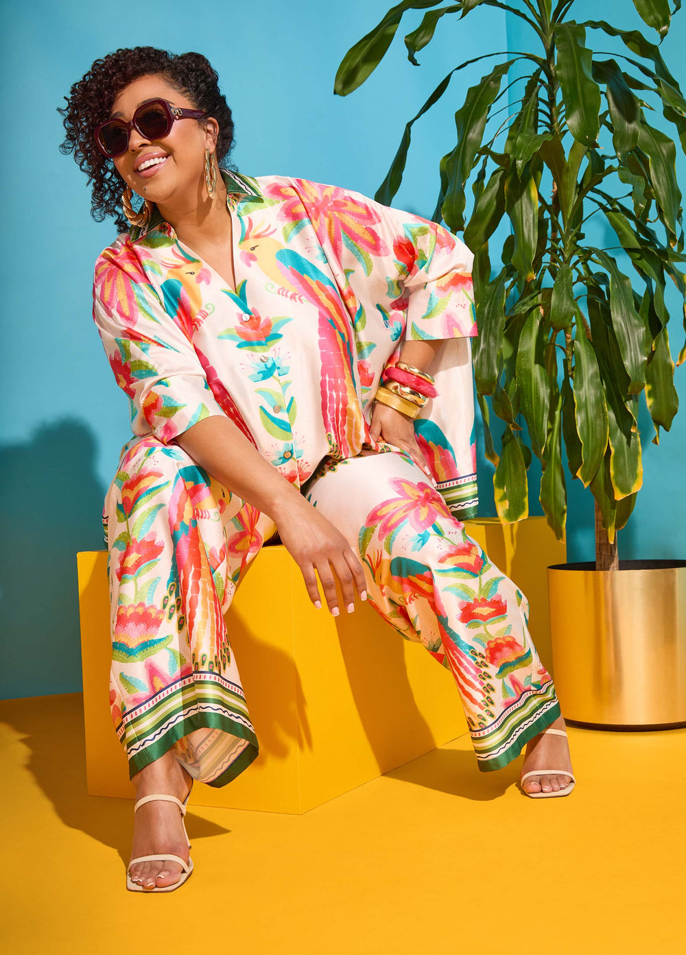 Parrot Print Satin Wide Leg Pants Multi | Ashley Stewart