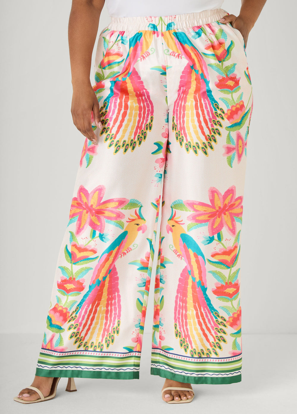 Parrot Print Satin Wide Leg Pants Multi | Ashley Stewart