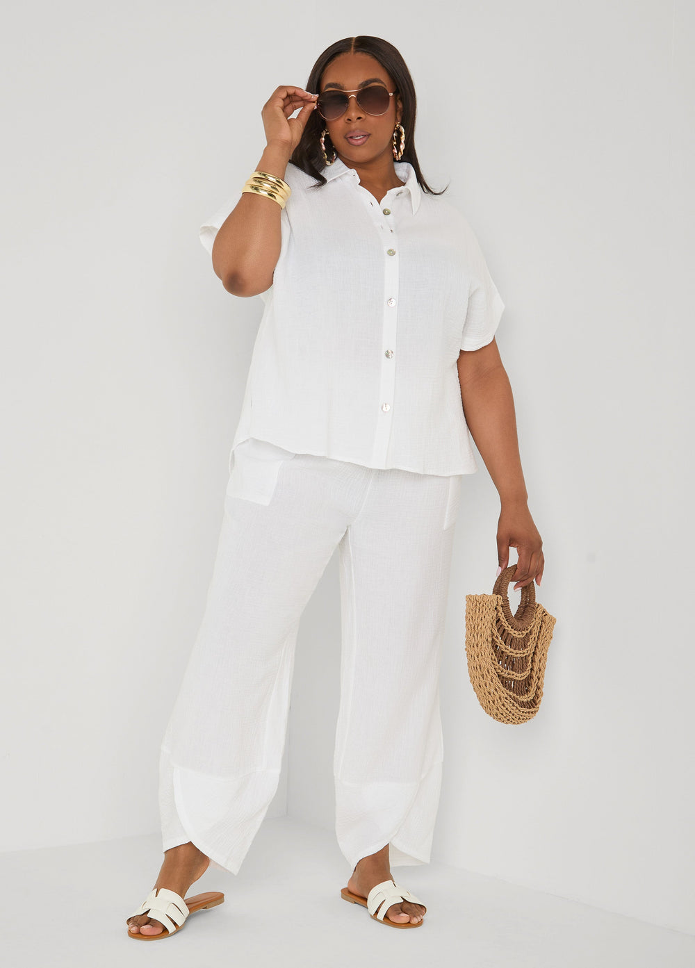 Textured Cotton Gauze Pants White | Ashley Stewart