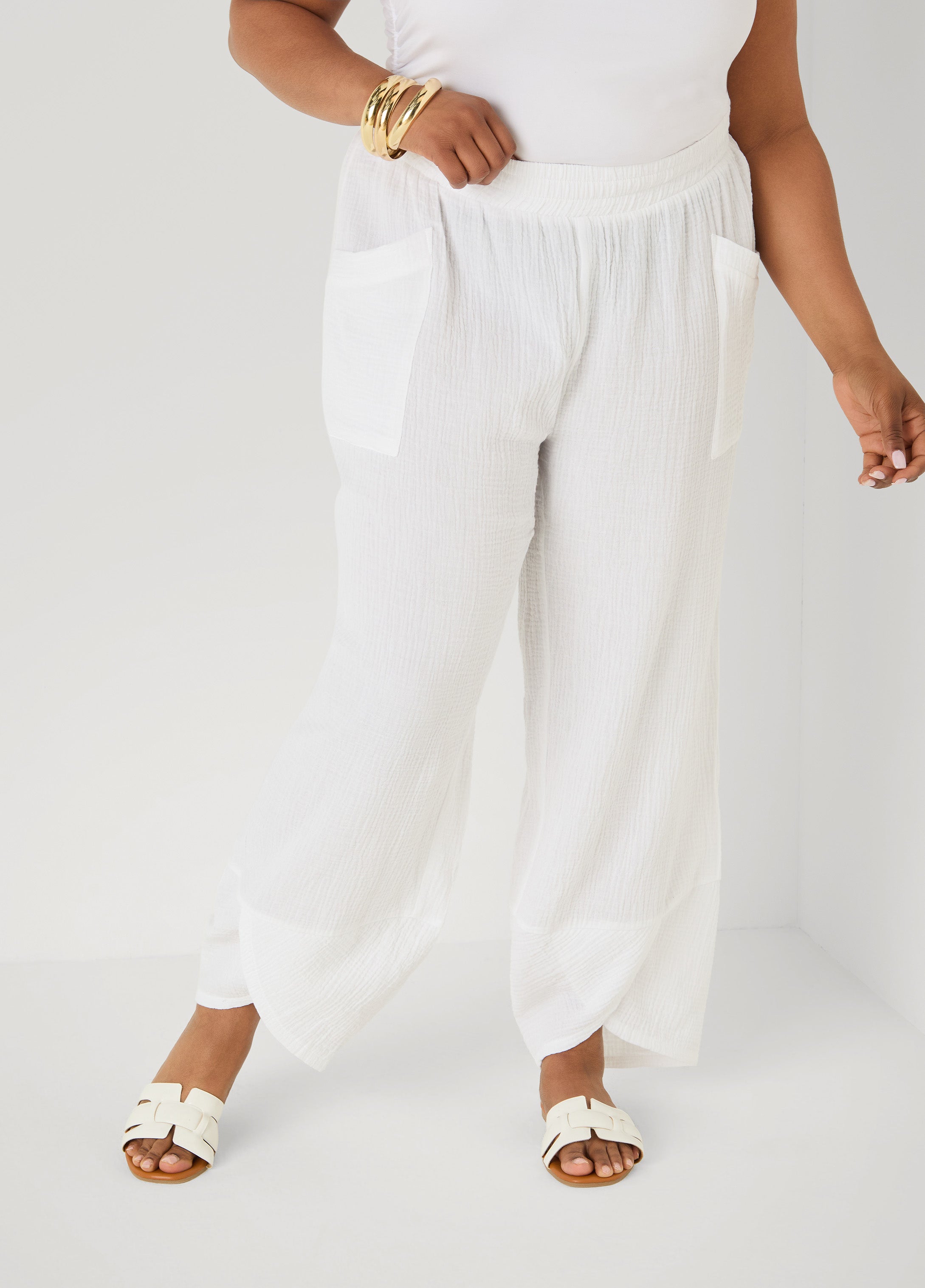 Textured Cotton Gauze Pants White | Ashley Stewart