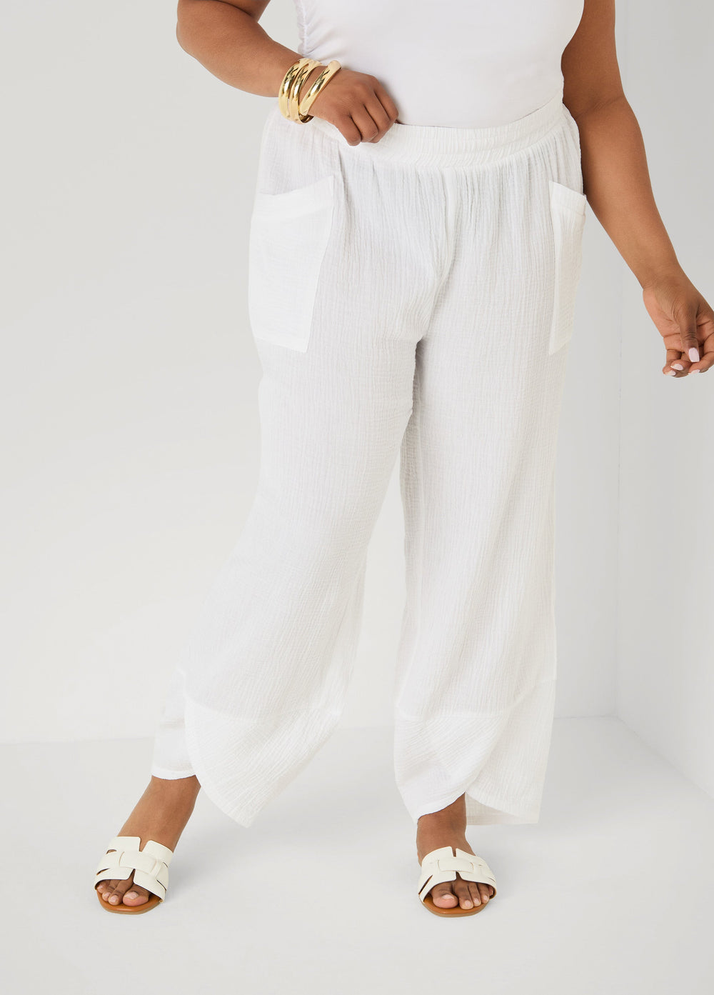 Textured Cotton Gauze Pants White | Ashley Stewart