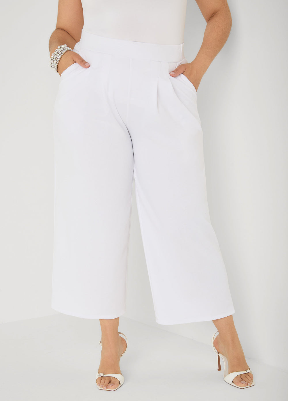 Pleated Wide Leg Capris White | Ashley Stewart