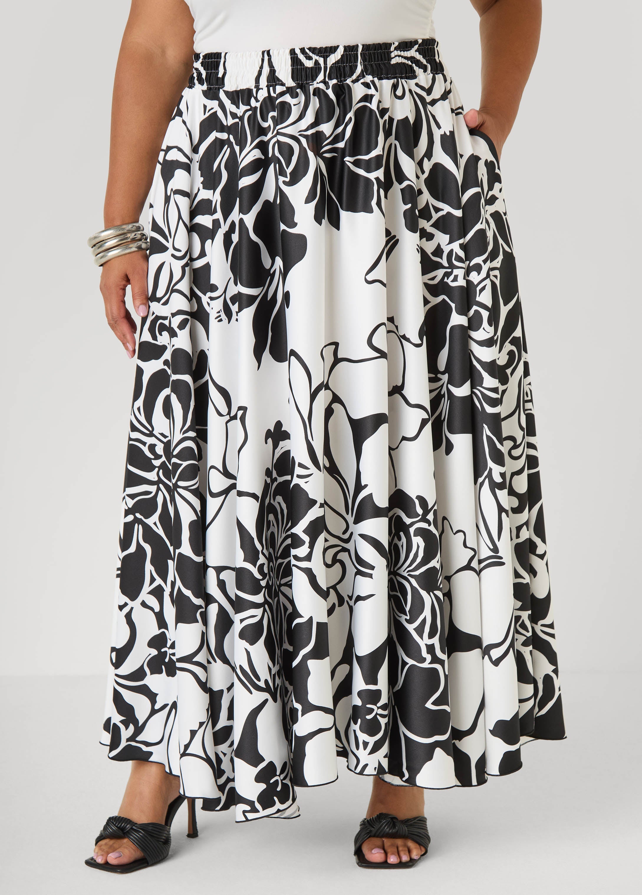 Floral Print Satin Maxi Skirt Black Combo | Ashley Stewart
