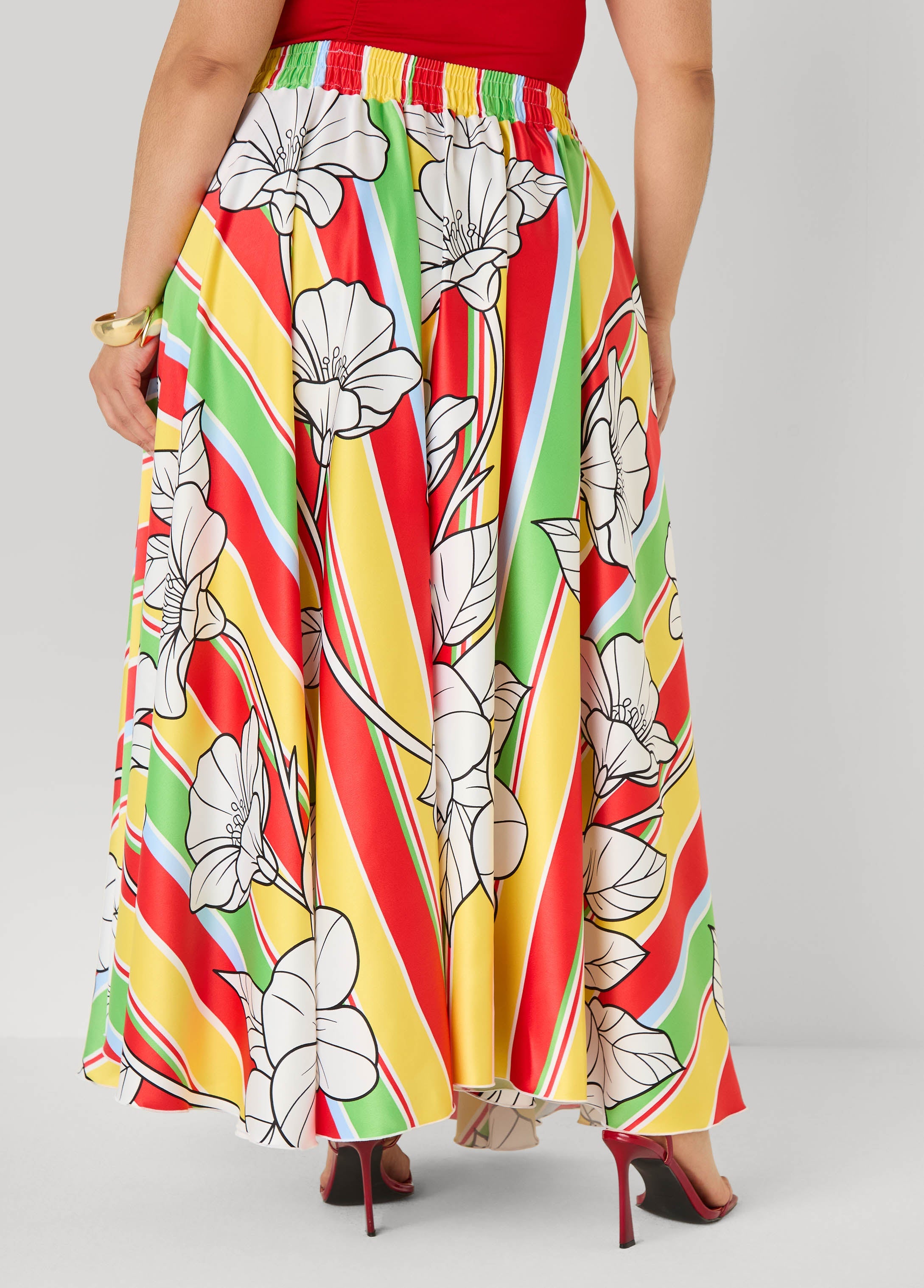 Floral Satin Maxi Skirt Primrose Yellow | Ashley Stewart