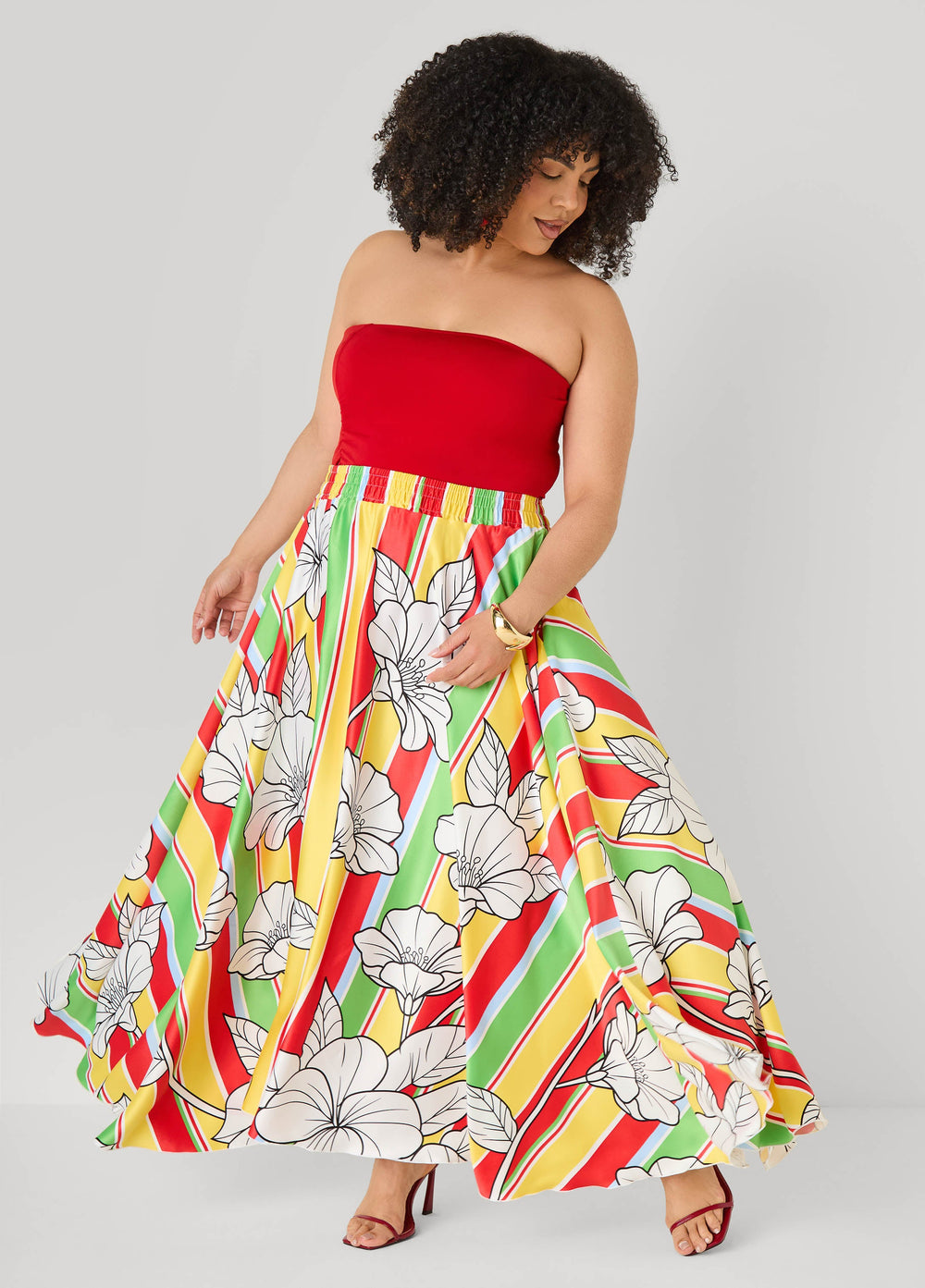 Floral Satin Maxi Skirt Primrose Yellow | Ashley Stewart