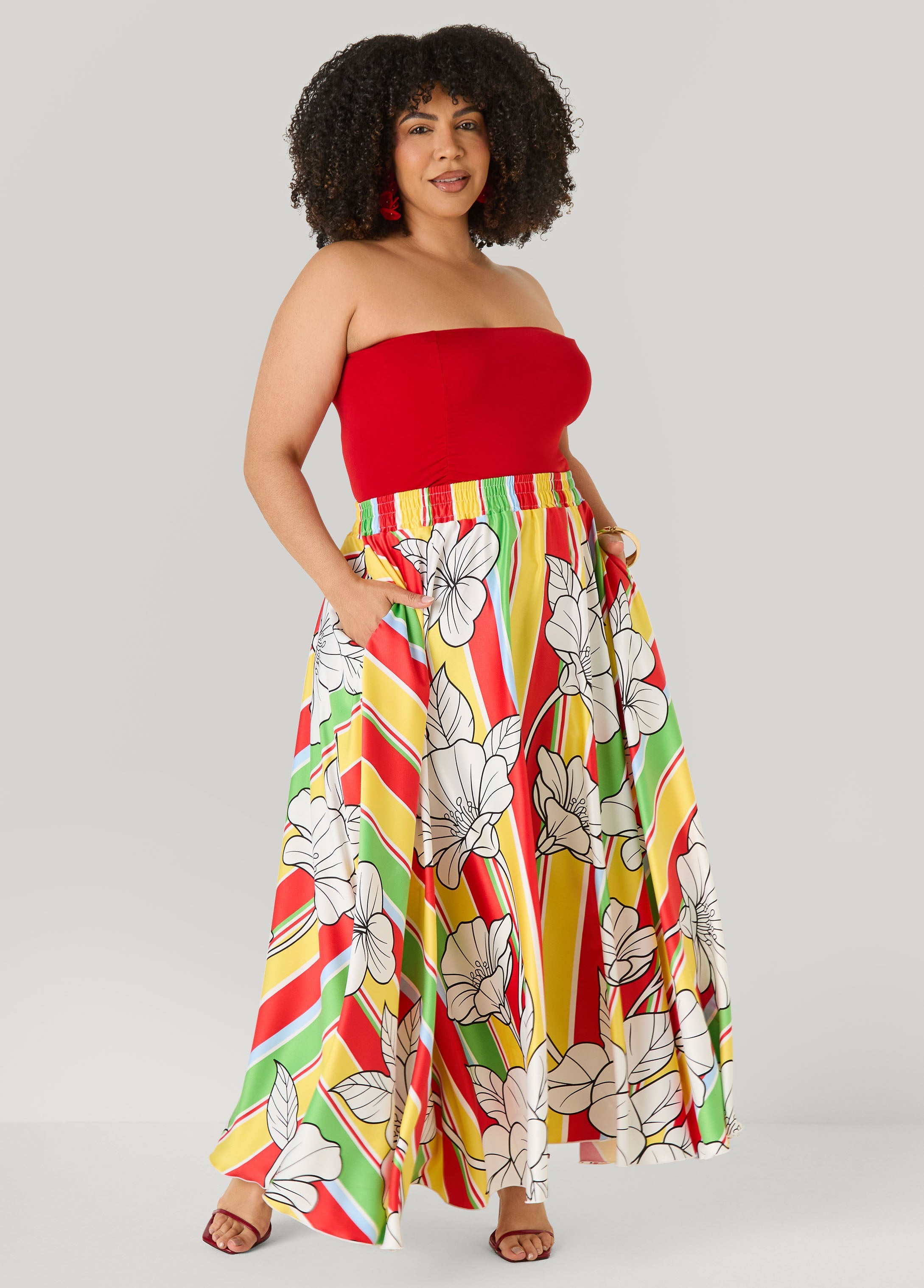 Floral Satin Maxi Skirt Primrose Yellow | Ashley Stewart