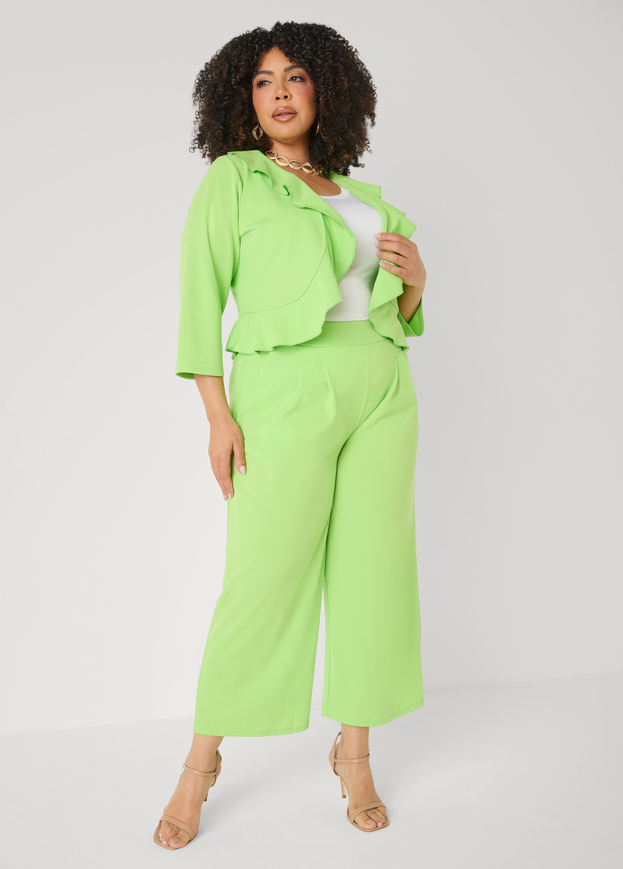Pleat Detailed Wide Leg Capris Lime Green | Ashley Stewart