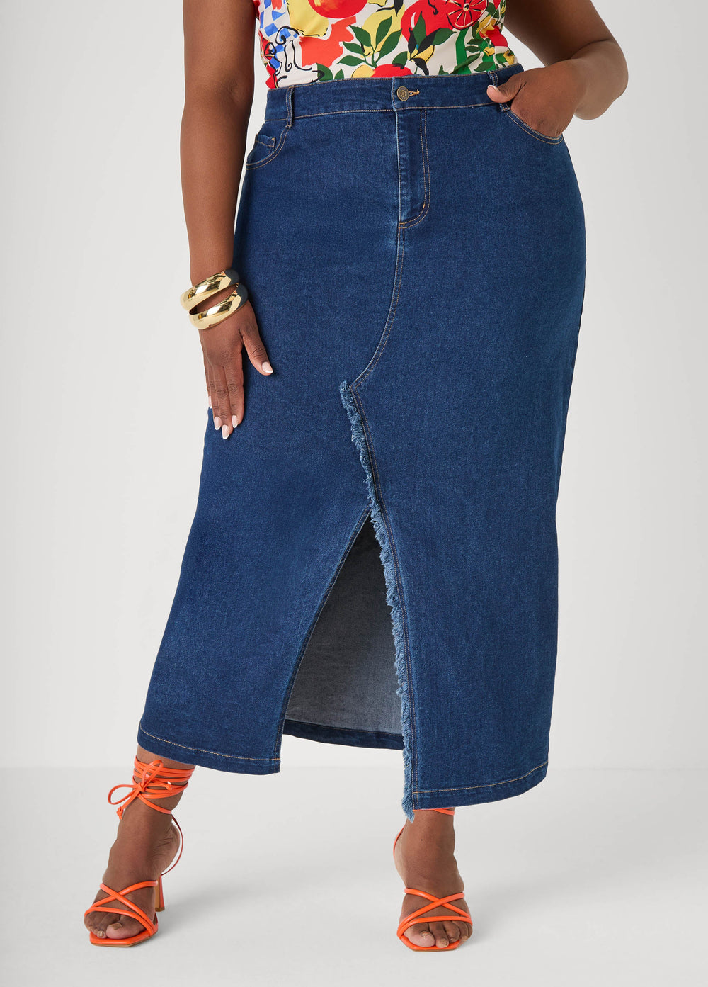 Frayed Denim Maxi Skirt Dk Wash | Ashley Stewart