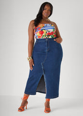 Frayed Denim Maxi Skirt Dk Wash | Ashley Stewart