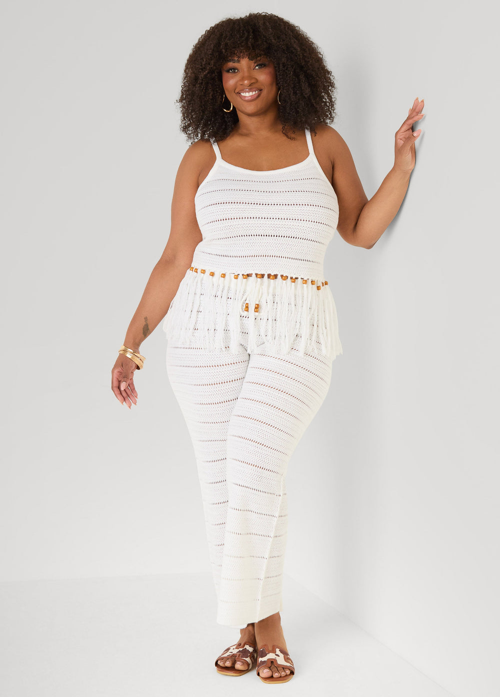 Beaded Fringe Crochet Coverup Set White | Ashley Stewart
