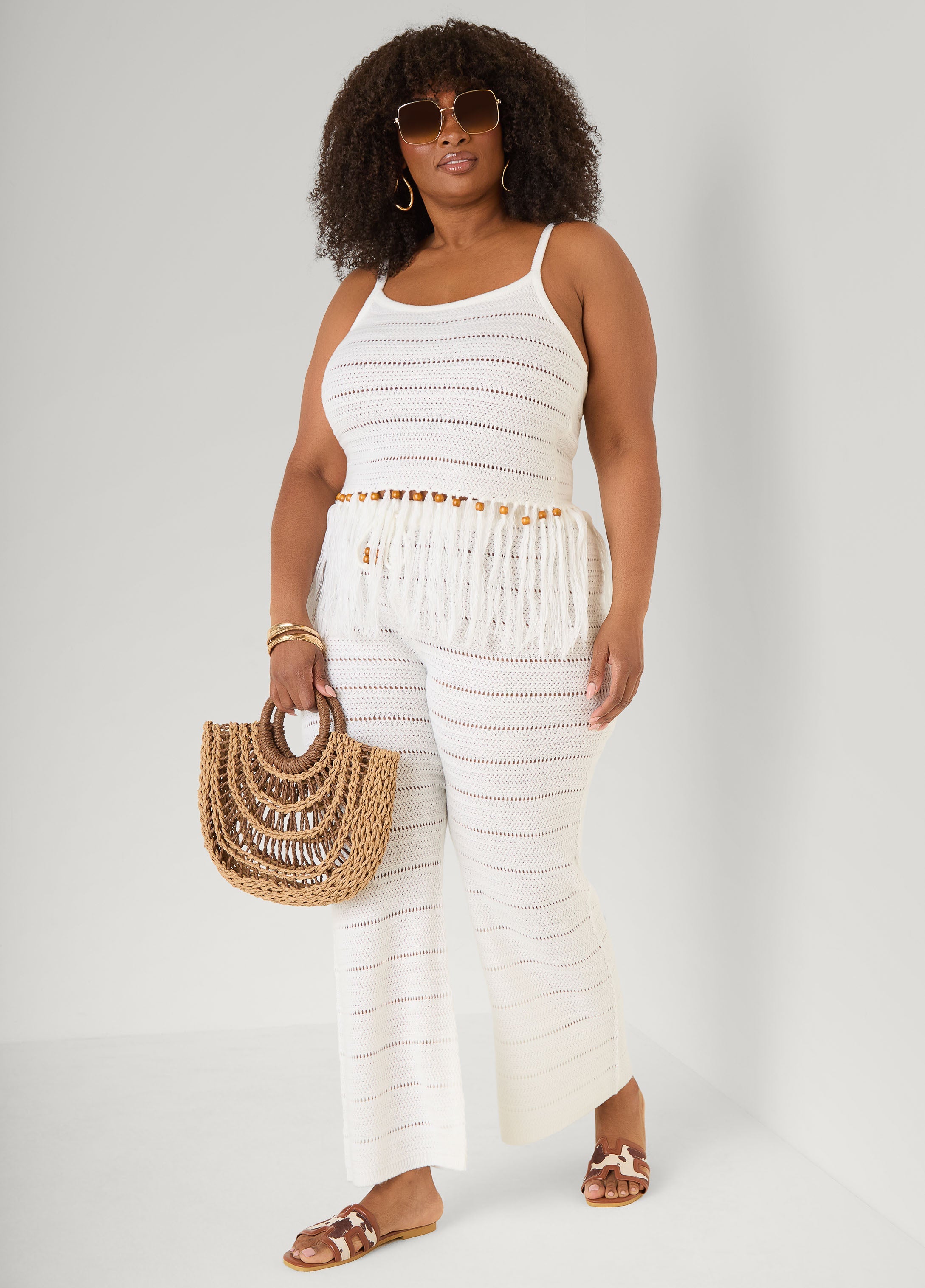 Beaded Fringe Crochet Coverup Set White | Ashley Stewart