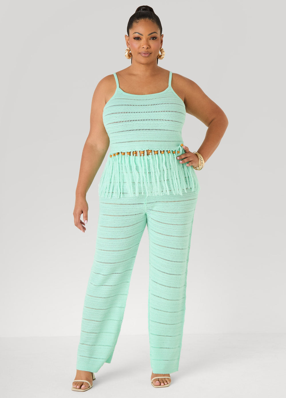 Beaded Fringe Crochet Coverup Set White | Ashley Stewart
