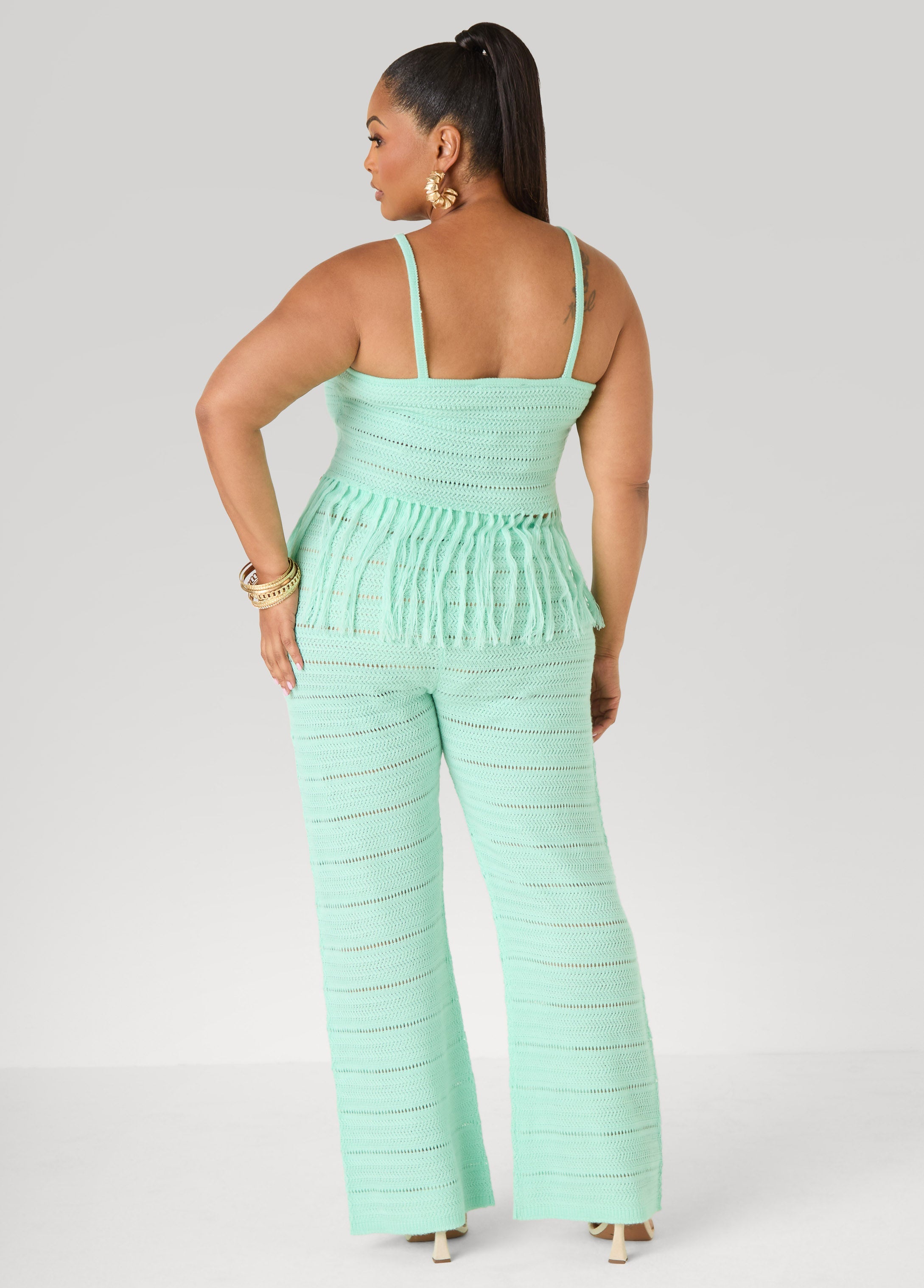 Beaded Fringe Crochet Coverup Set White | Ashley Stewart