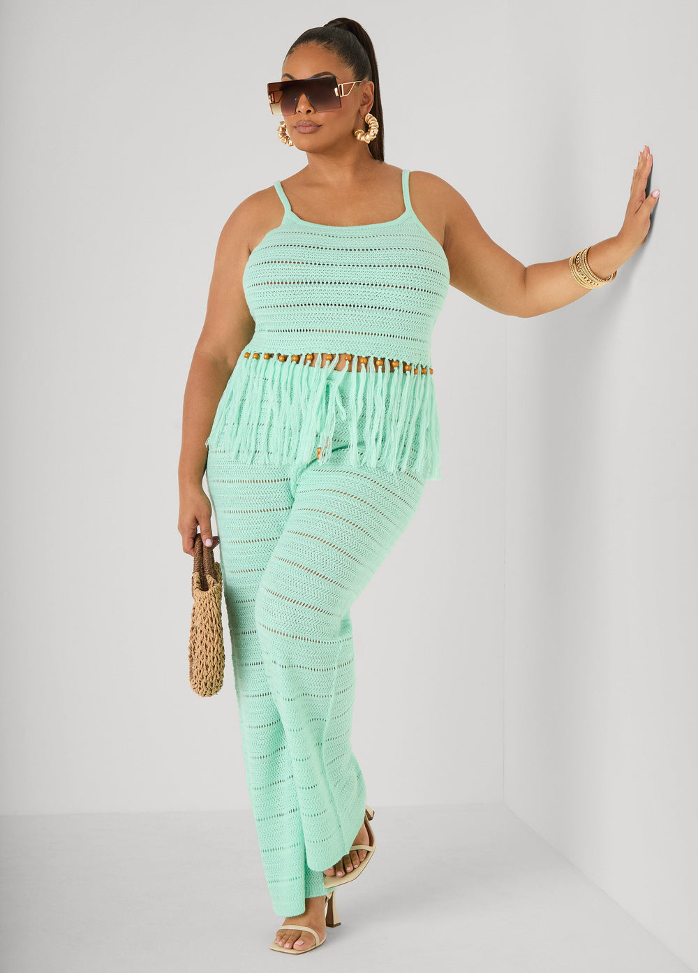 Beaded Fringe Crochet Coverup Set White | Ashley Stewart