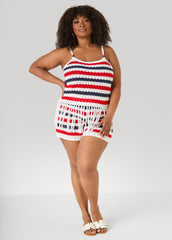 Striped Fringe Crochet Coverup Set White | Ashley Stewart