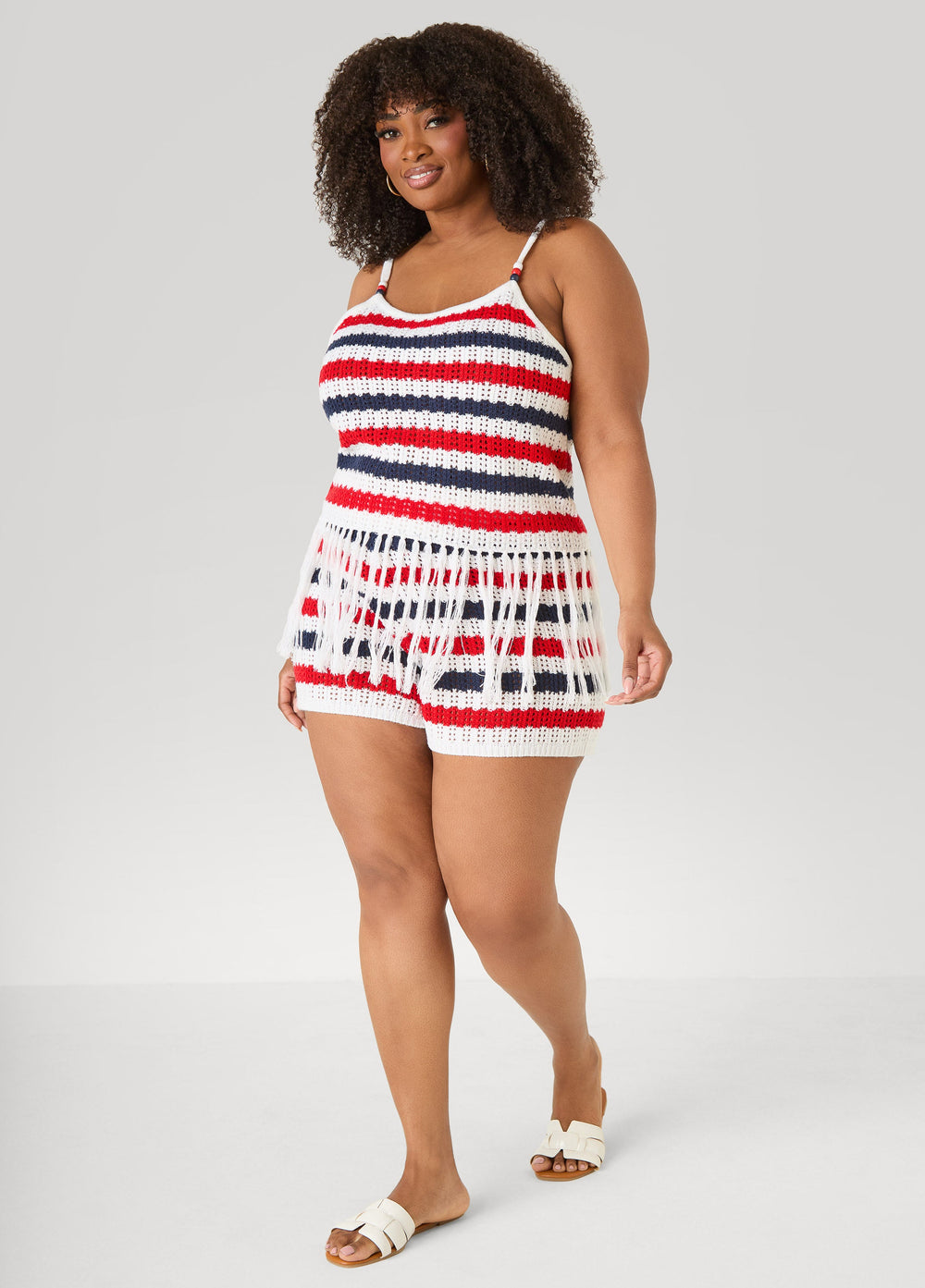 Striped Fringe Crochet Coverup Set White | Ashley Stewart