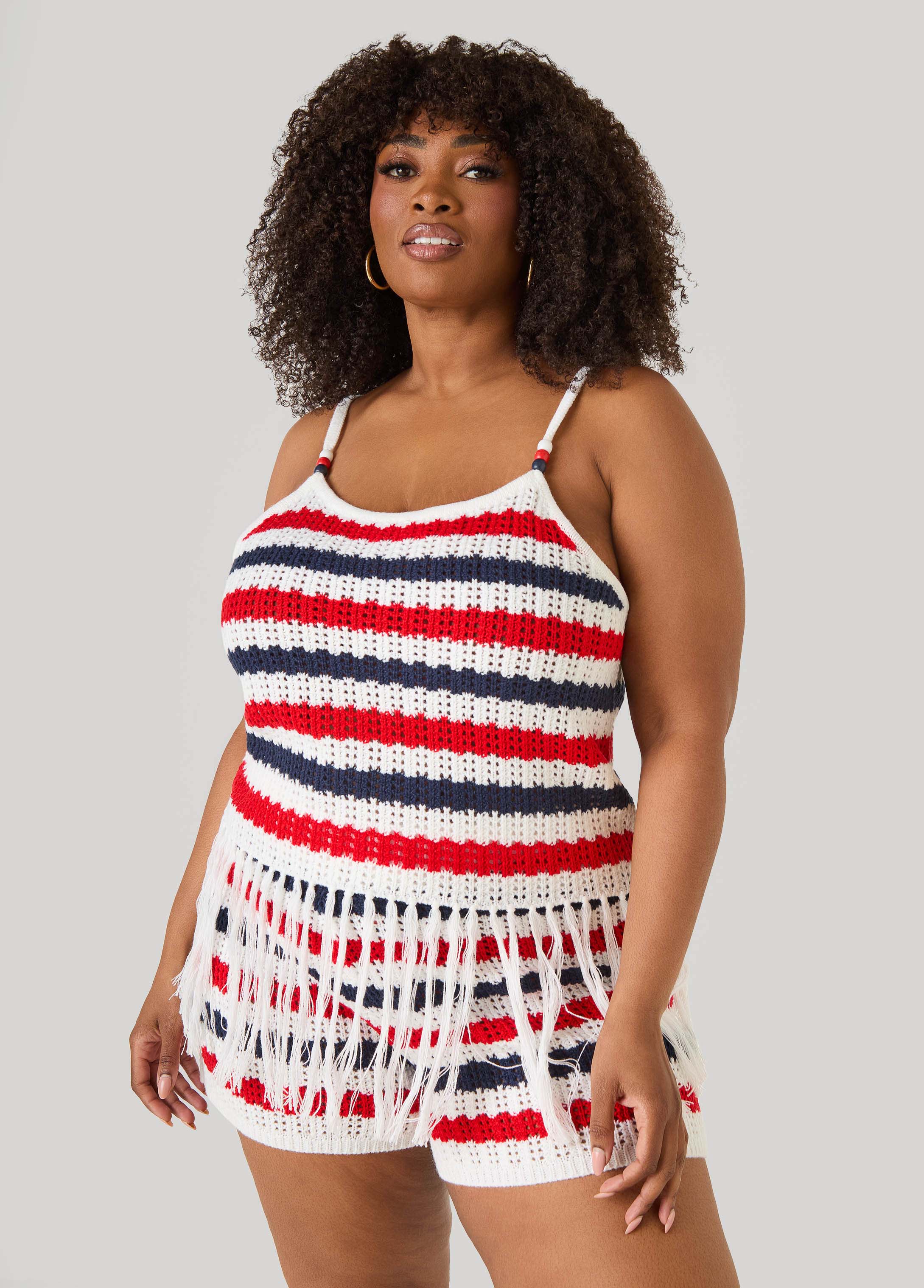 Striped Fringe Crochet Coverup Set White | Ashley Stewart