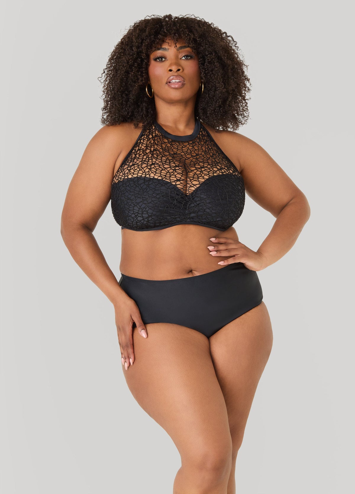 Knitted Halter Bikini Top Black | Ashley Stewart