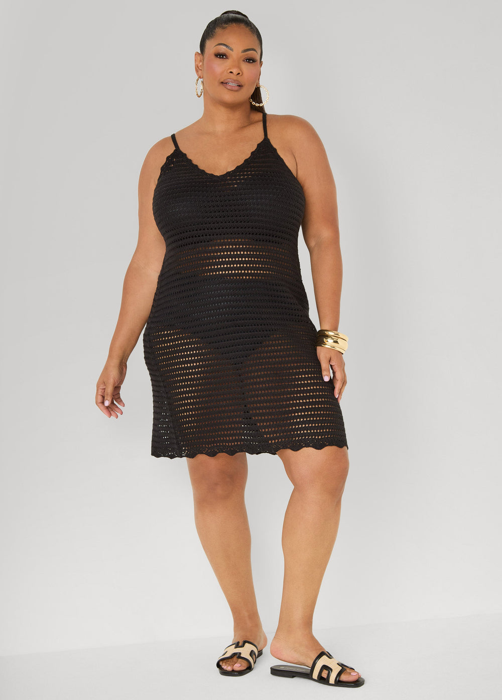 Open Knit Coverup Dress Beige | Ashley Stewart
