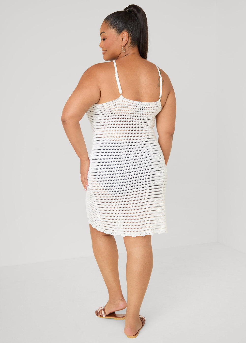 Open Knit Coverup Dress Beige | Ashley Stewart