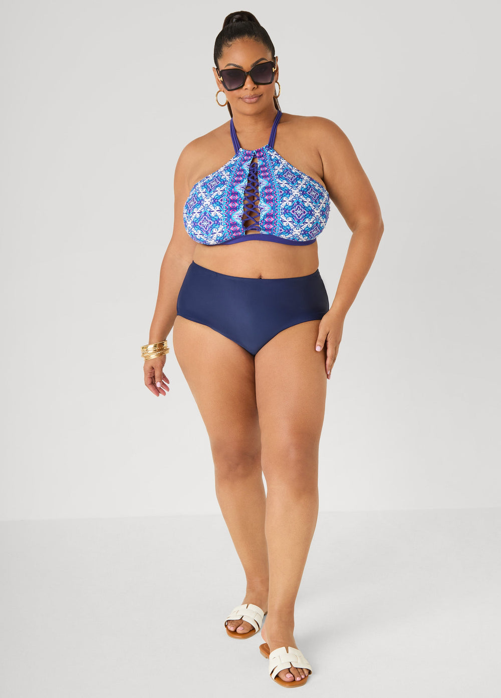 Printed Halter Bikini Top Blue | Ashley Stewart