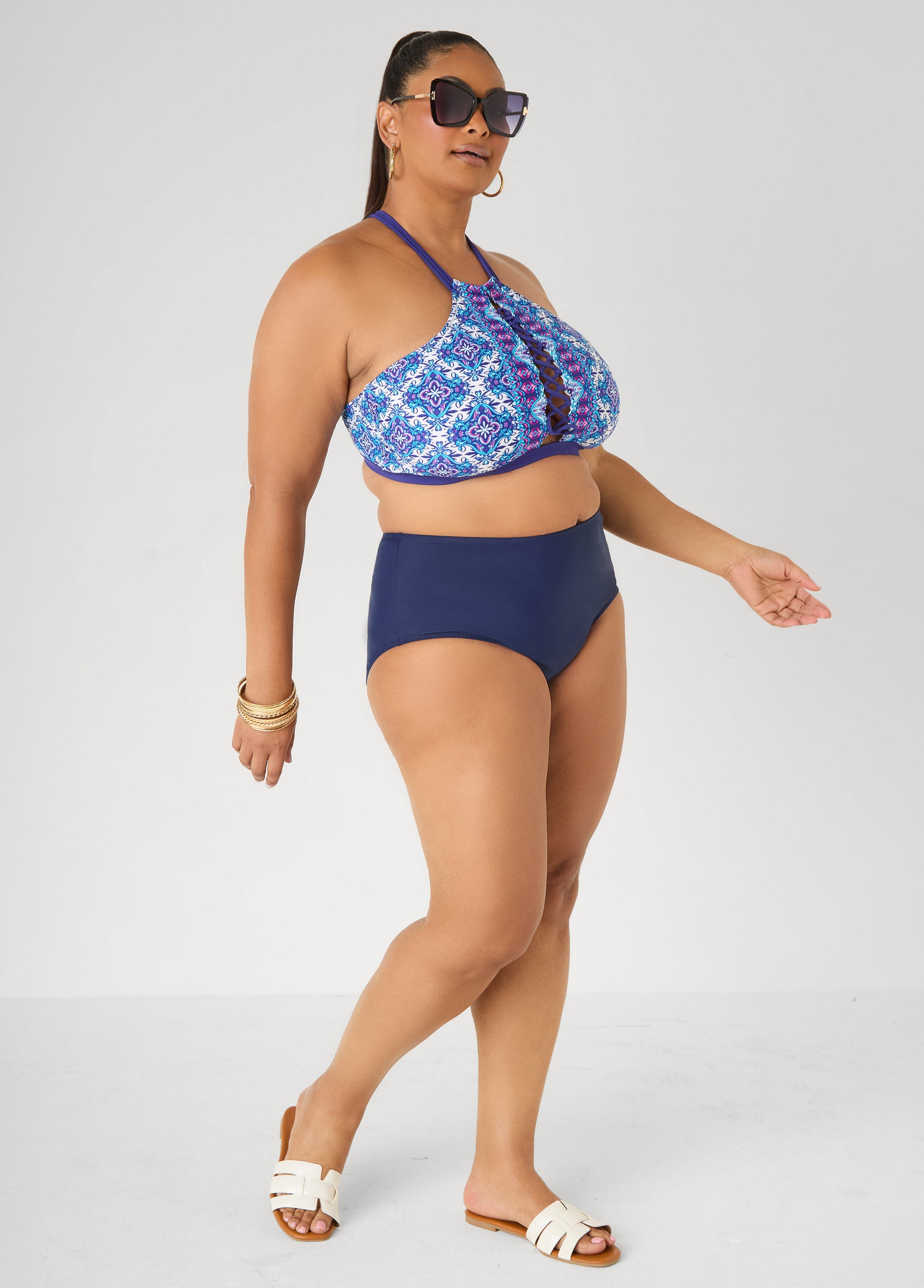 Printed Halter Bikini Top Blue | Ashley Stewart