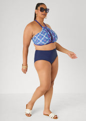 Printed Halter Bikini Top Blue | Ashley Stewart