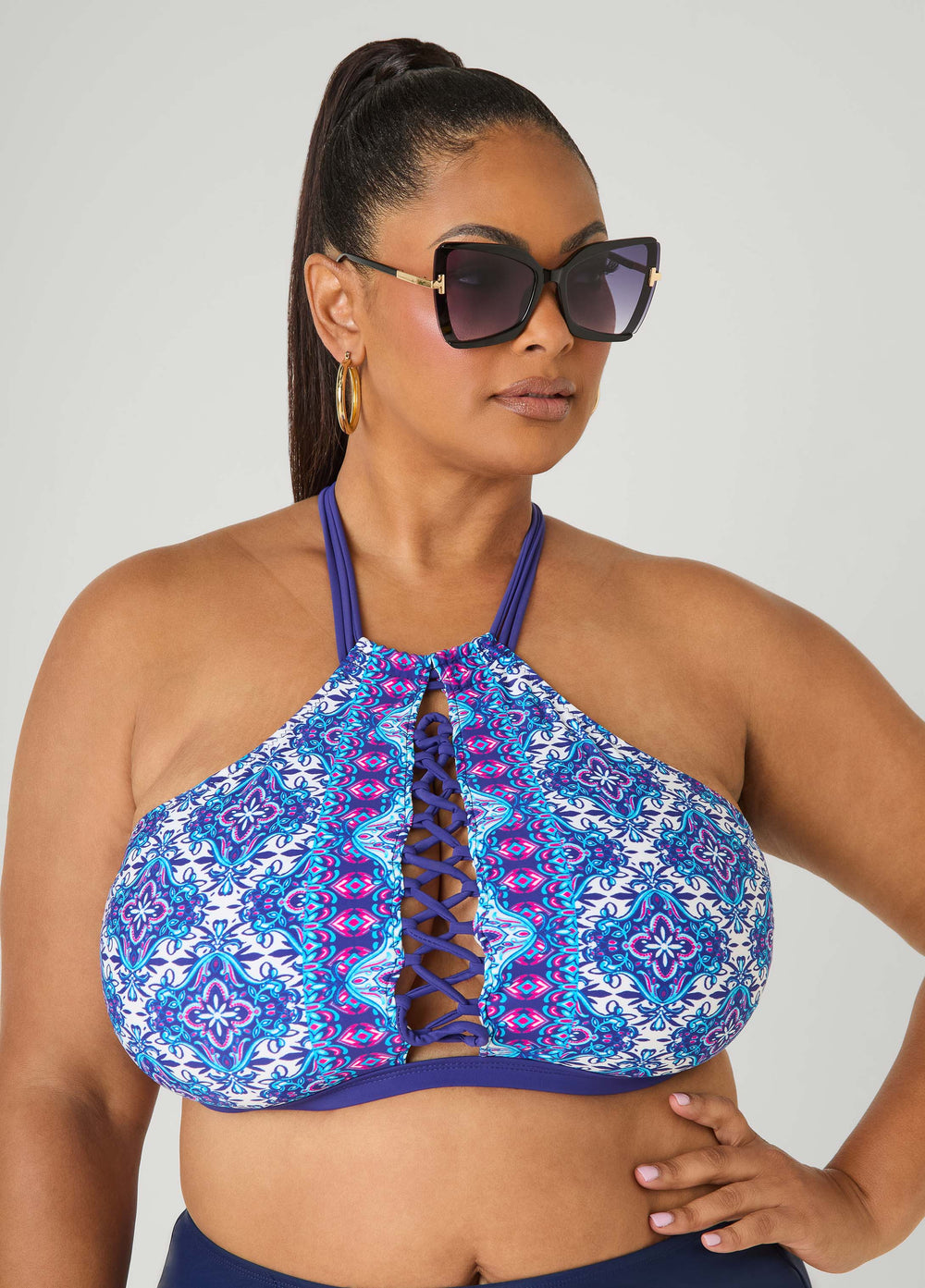 Printed Halter Bikini Top Blue | Ashley Stewart