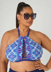 Printed Halter Bikini Top Blue | Ashley Stewart