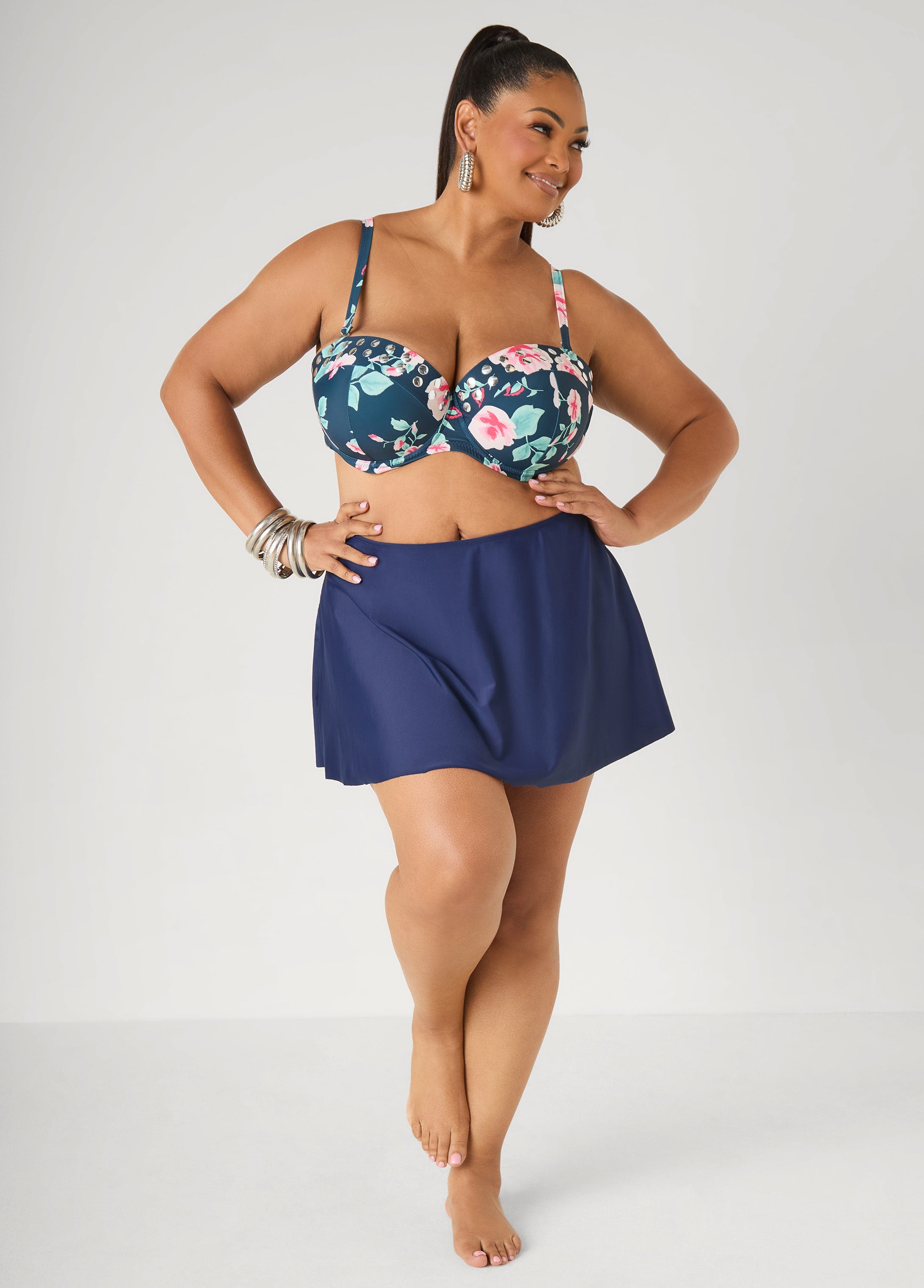 Convertible Floral Bikini Top Navy | Ashley Stewart