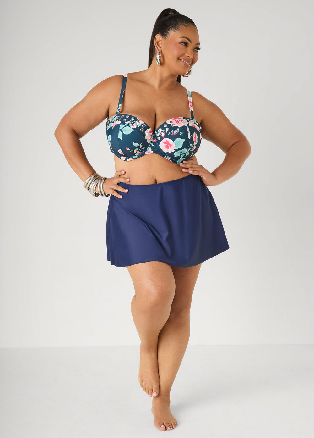 Convertible Floral Bikini Top Navy | Ashley Stewart