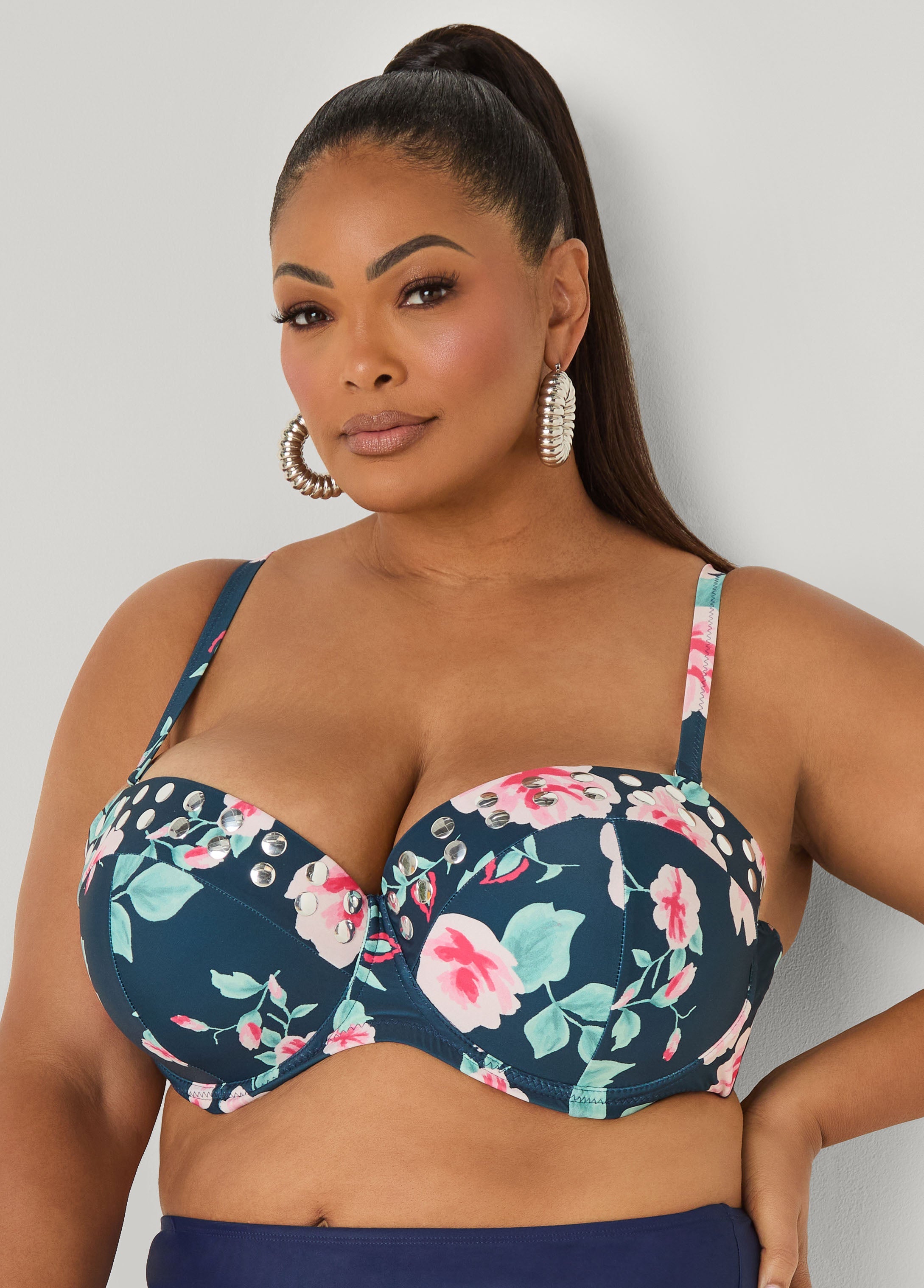 Convertible Floral Bikini Top Navy | Ashley Stewart