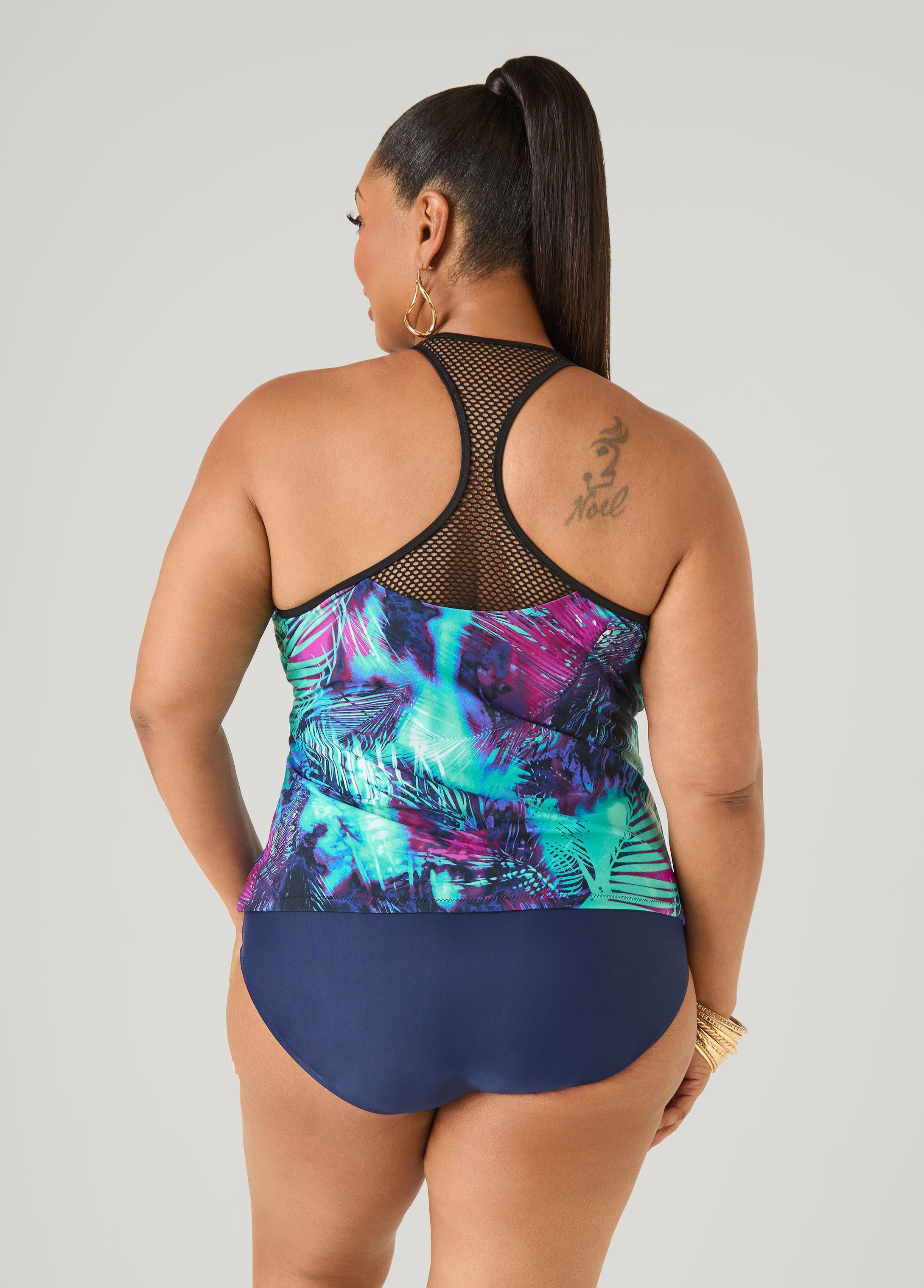 Zip Front Leaf Print Tankini Top Blue | Ashley Stewart