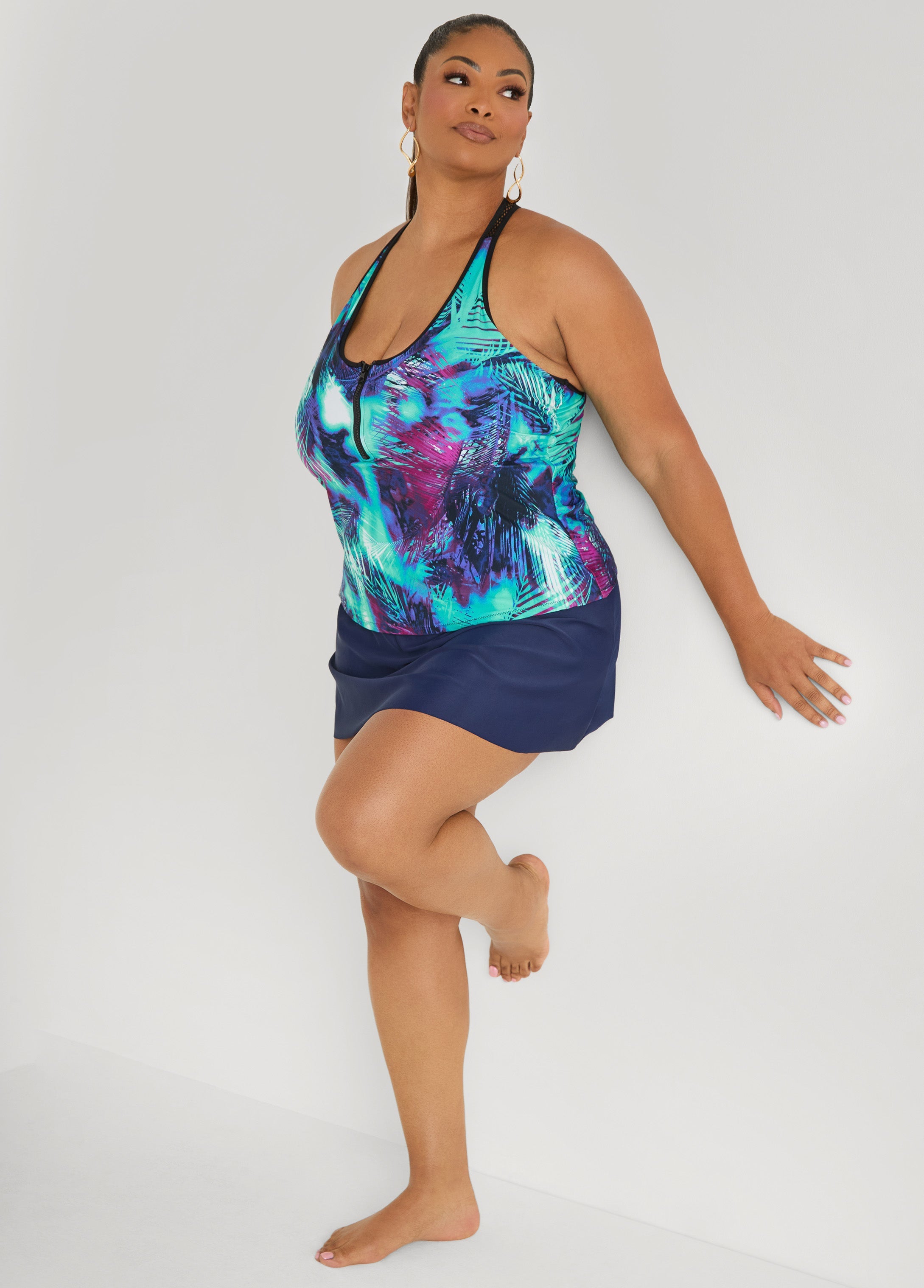 Zip Front Leaf Print Tankini Top Blue | Ashley Stewart