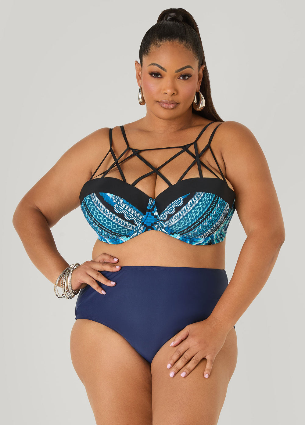 Caged Printed Bikini Top Navy | Ashley Stewart