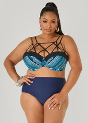 Caged Printed Bikini Top Navy | Ashley Stewart