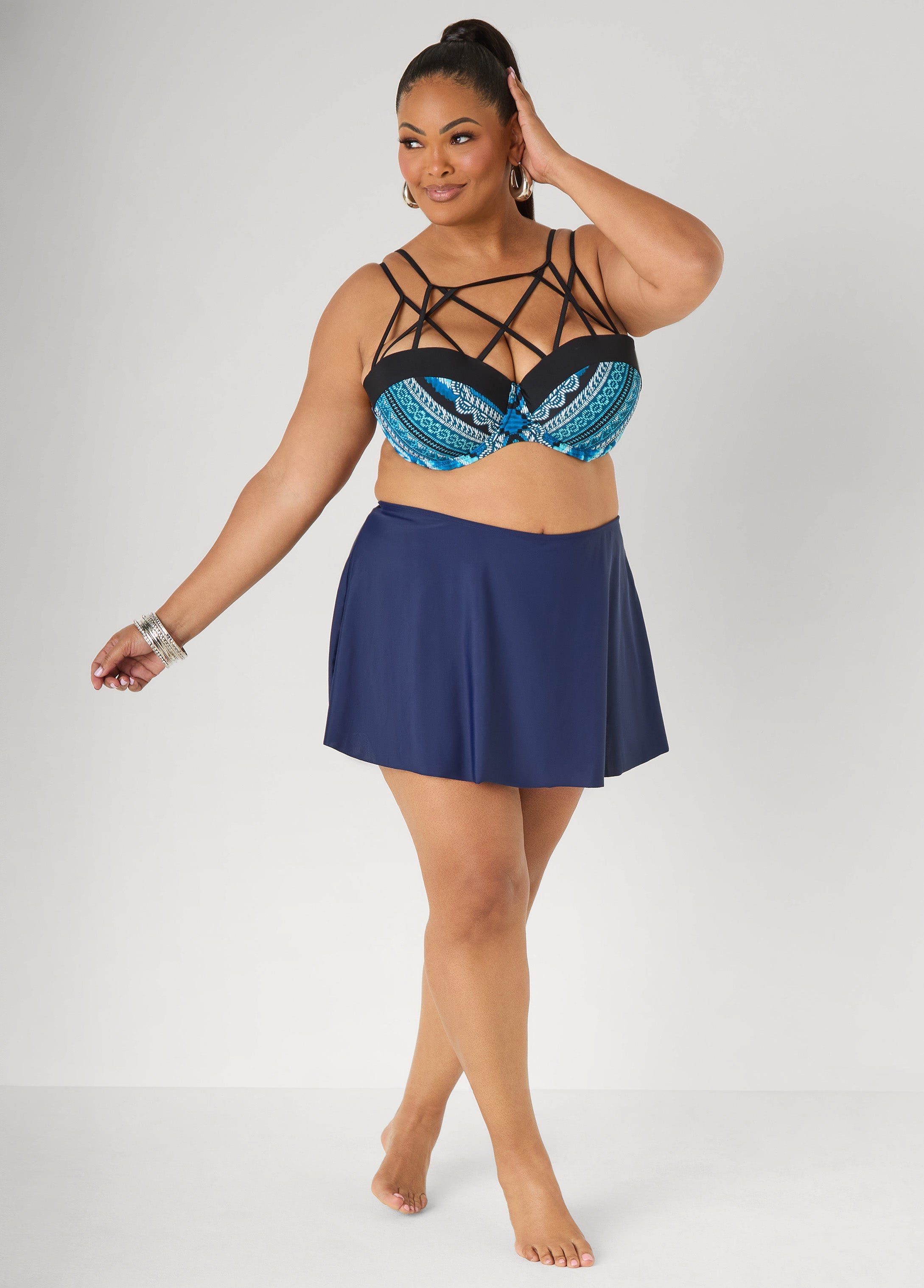 Caged Printed Bikini Top Navy | Ashley Stewart