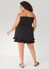 Strapless Smocked Ruffled Romper Black | Ashley Stewart