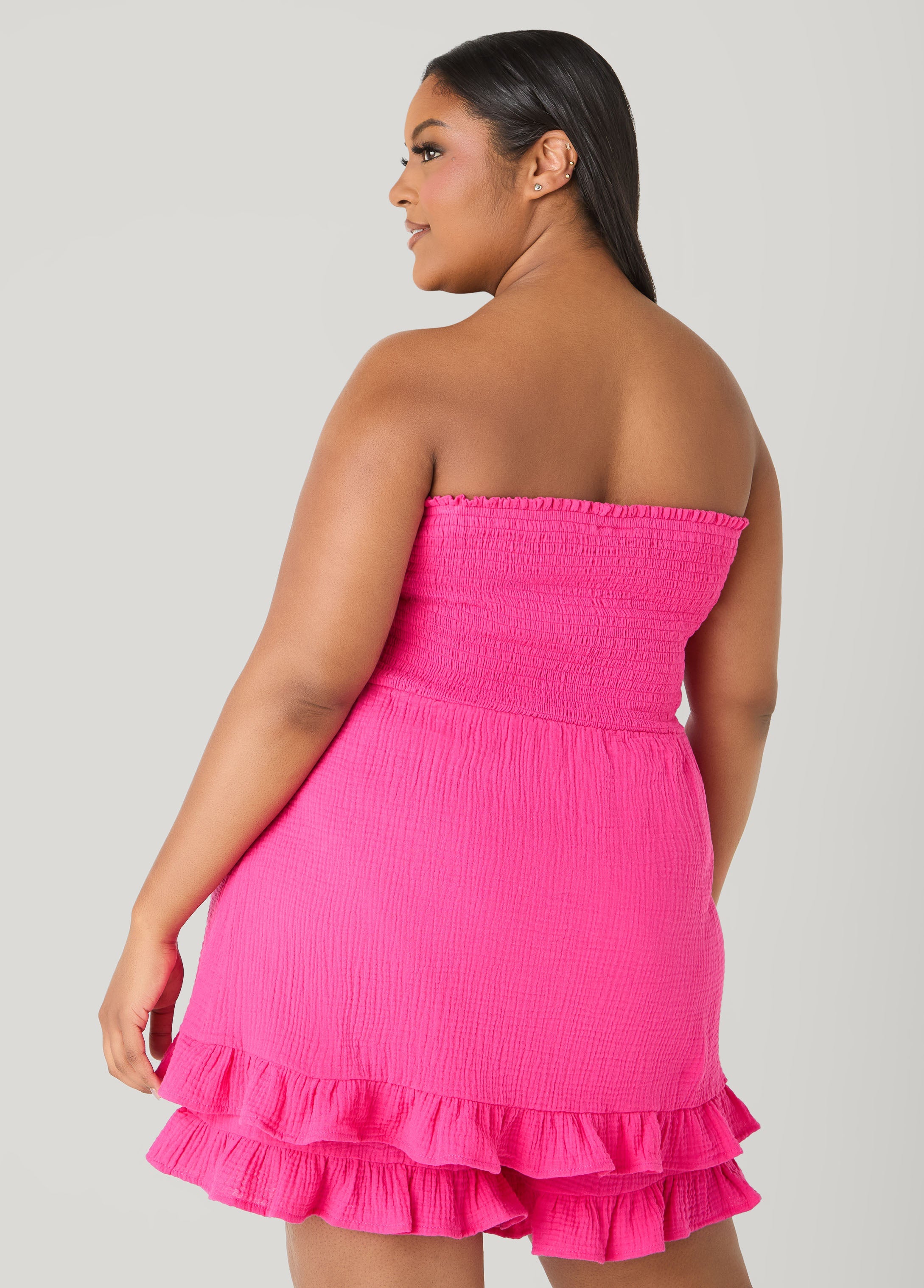 Strapless Smocked Ruffled Romper Black | Ashley Stewart