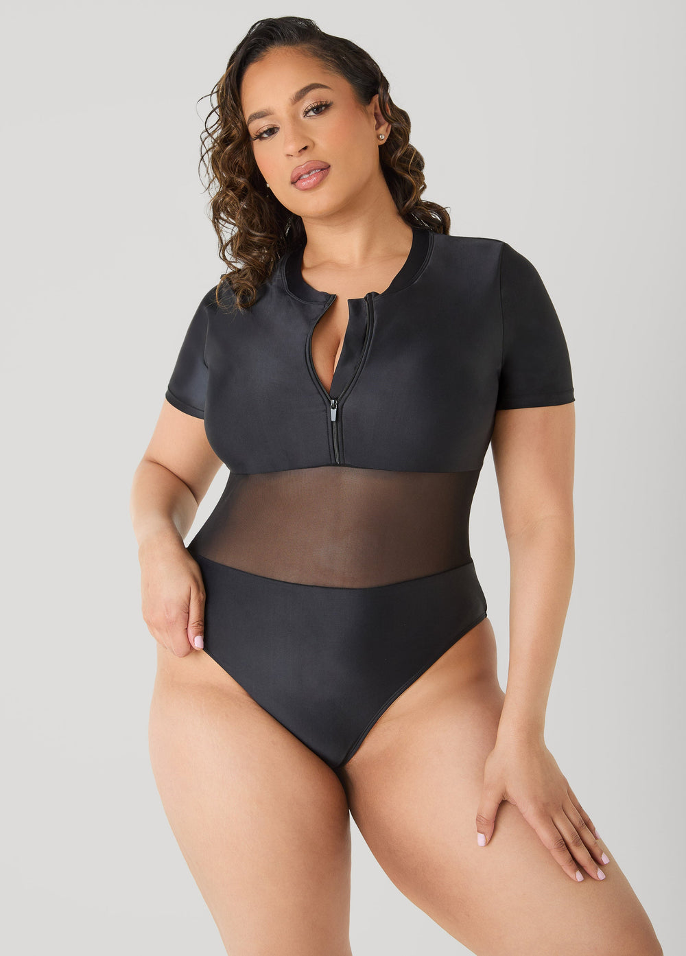 Paneled Zip Front Swimsuit Black | Ashley Stewart