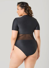 Paneled Zip Front Swimsuit Black | Ashley Stewart