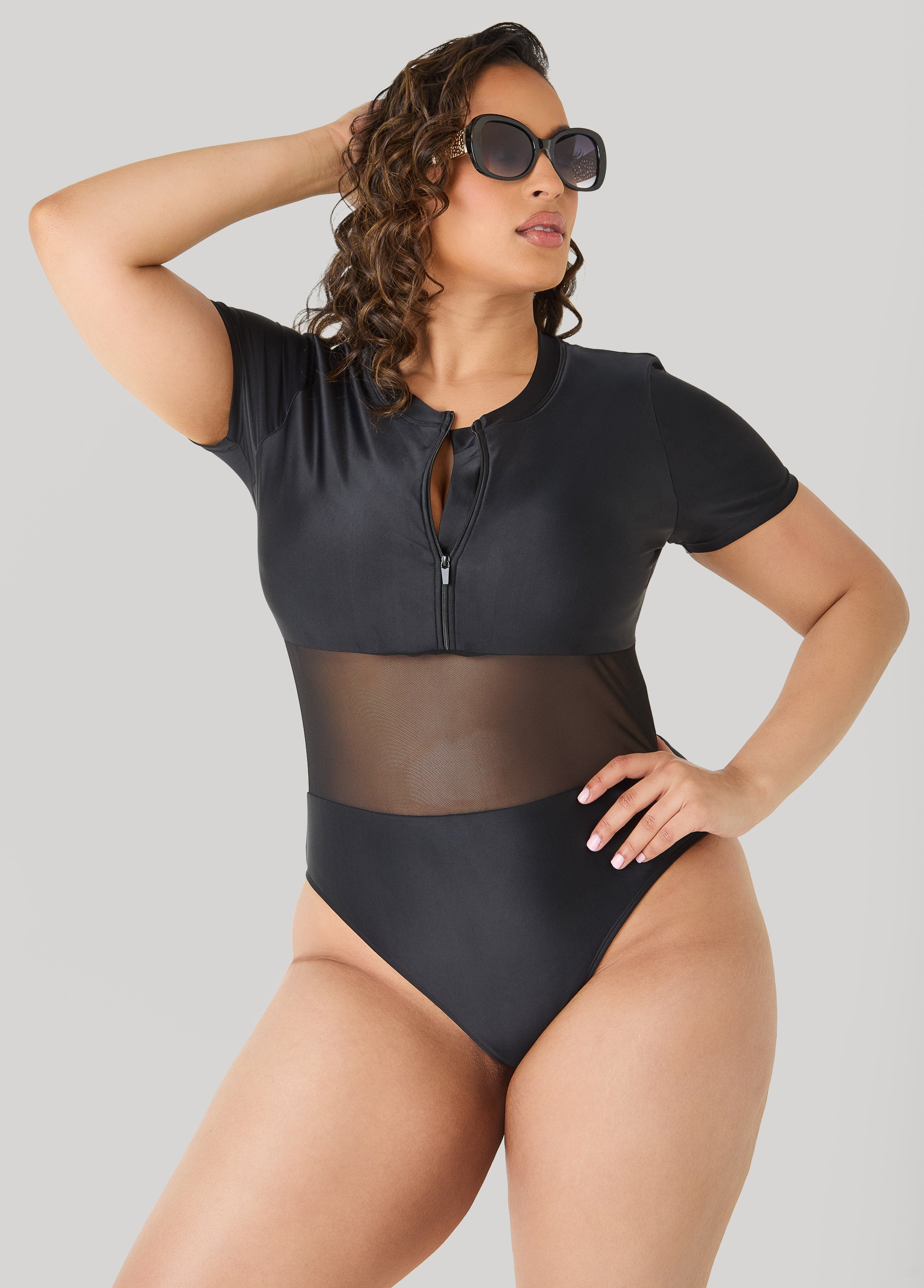 Paneled Zip Front Swimsuit Black | Ashley Stewart
