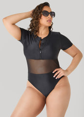 Paneled Zip Front Swimsuit Black | Ashley Stewart