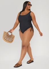 Drawstring Swimsuit Black | Ashley Stewart