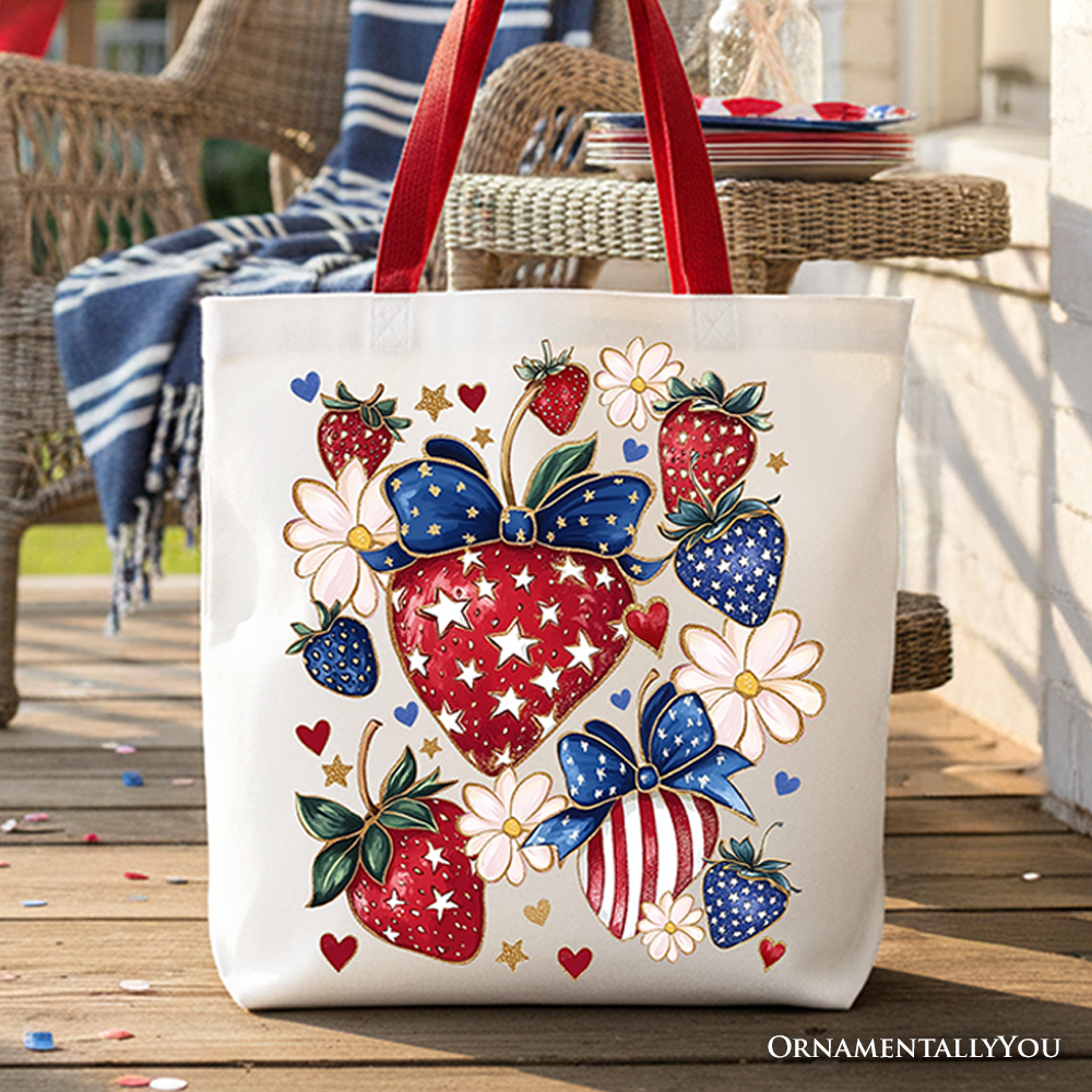 Patriotic Strawberries Tote Bag Red Handle | Ashley Stewart
